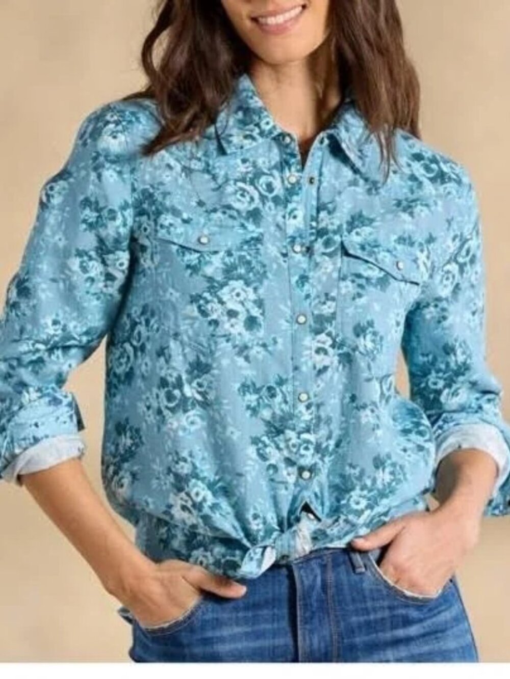 Sundance Womens Shirt Willow Linen Sz Small Floral Snap Long Sleeve Blue Floral